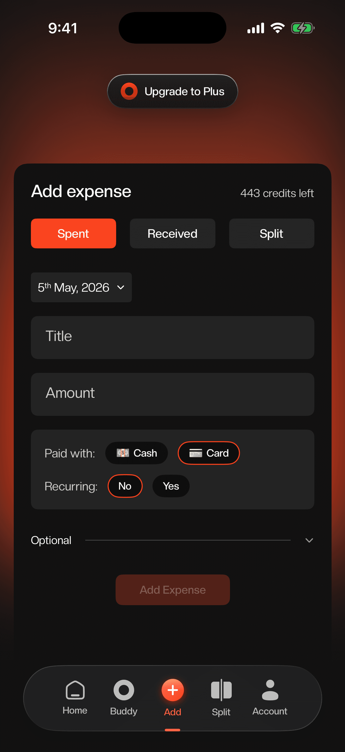 Bud Add tab, empty expense form