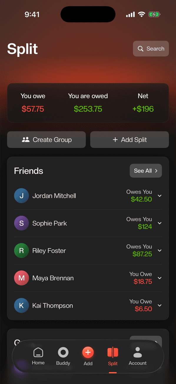 Bud Split tab with friend balances
