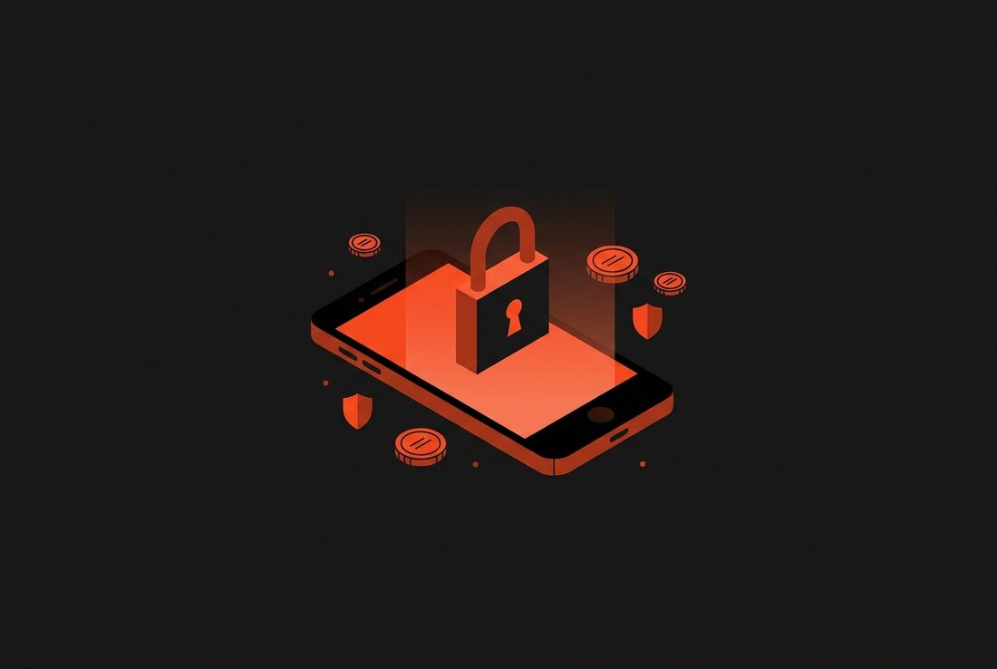 A padlock formed from the outline of a phone, over a soft charcoal background.