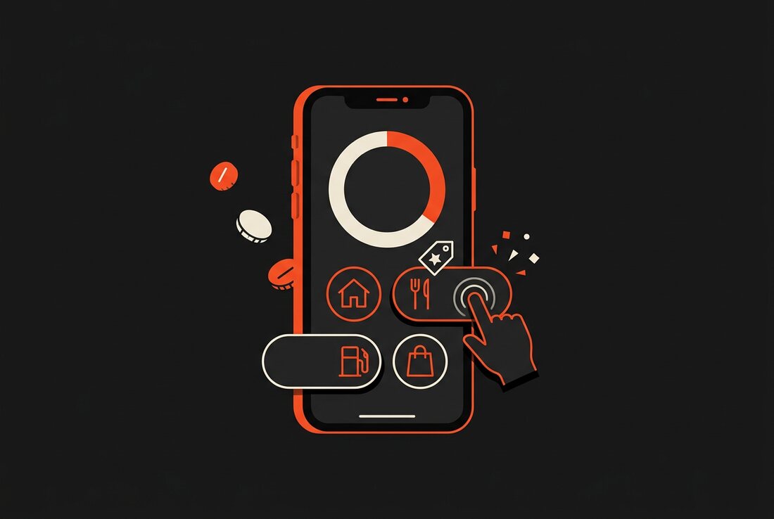 An iPhone showing a simple budgeting screen with coins and category bubbles around it.