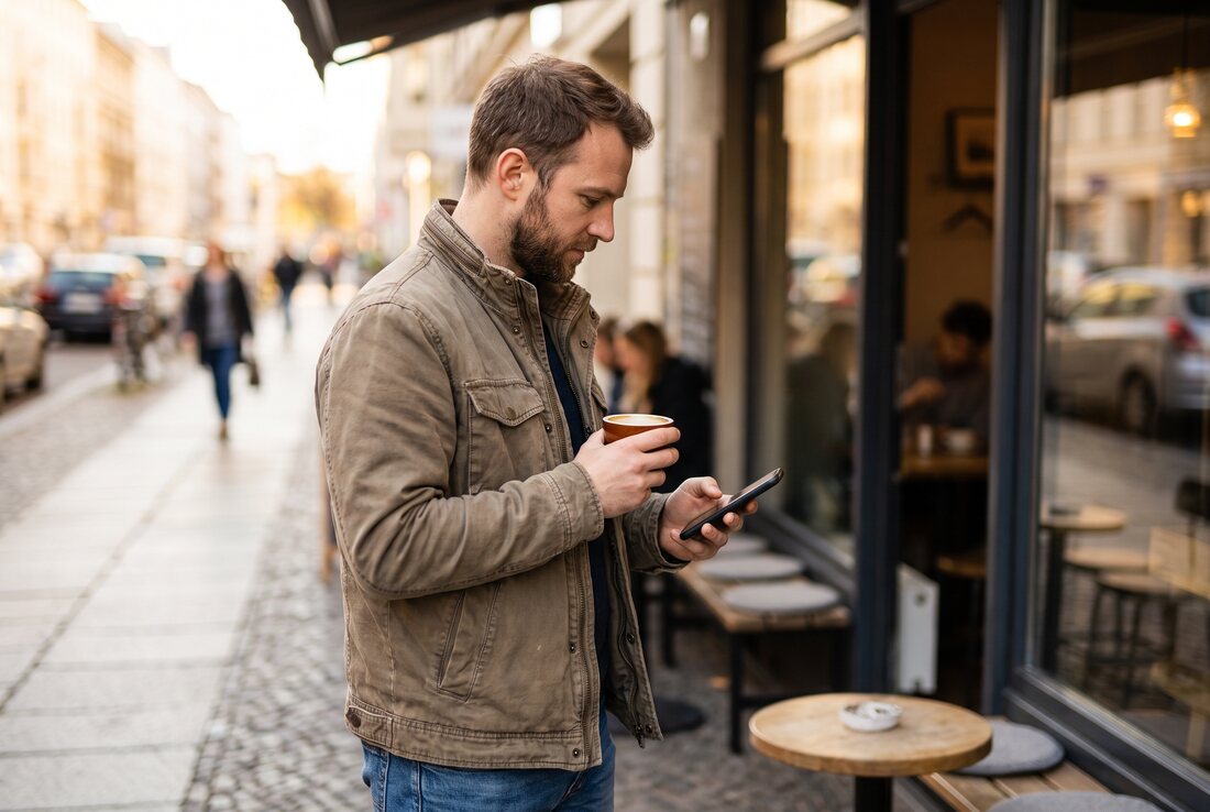 A man tapping his phone for a moment outside a cafe.