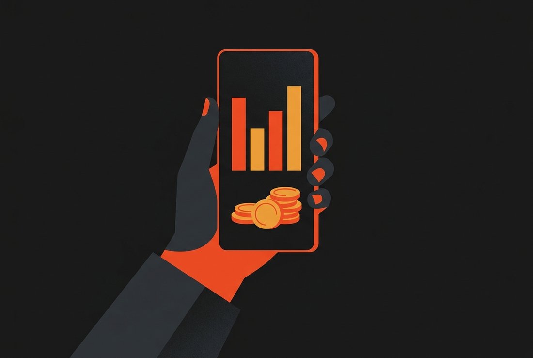 A hand holding a phone with a simple budget chart and a few coins.
