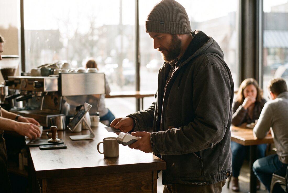 A man pausing at a cafe counter for a second before tapping his card to pay.