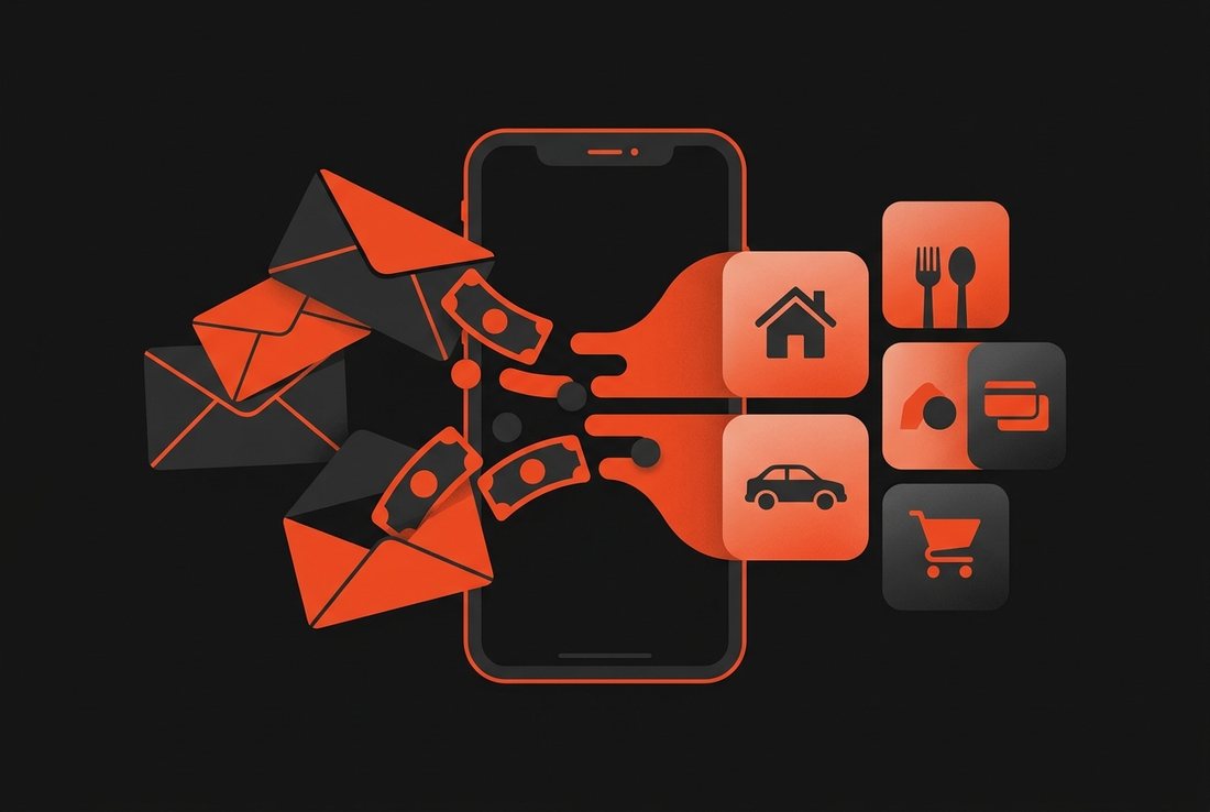 Stylised envelopes turning into category tiles on a phone screen.