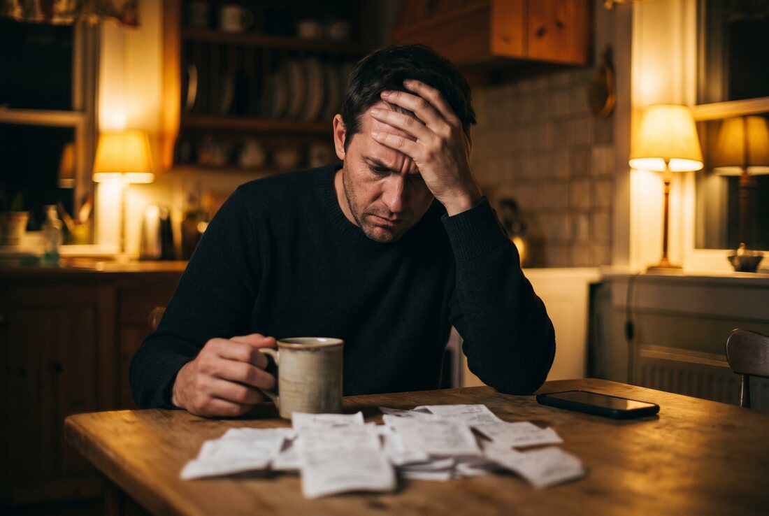 A man sitting at a kitchen table in the evening with receipts spread in front of him