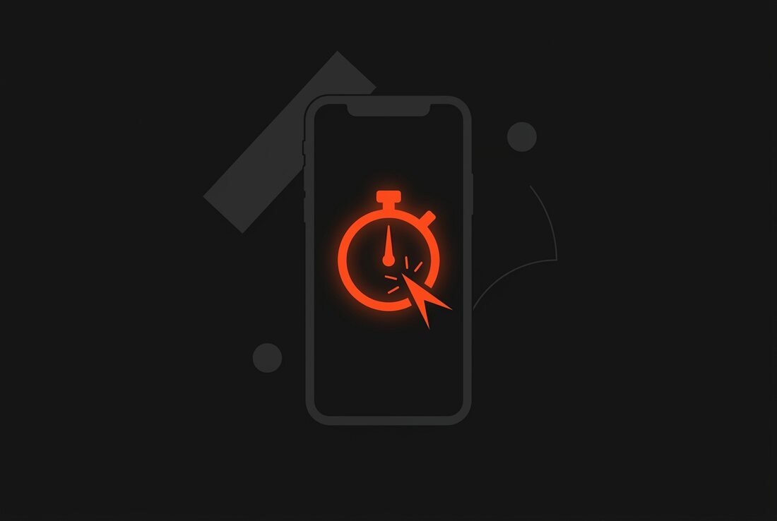 A hand tapping an iPhone to log an expense against a stopwatch motif.