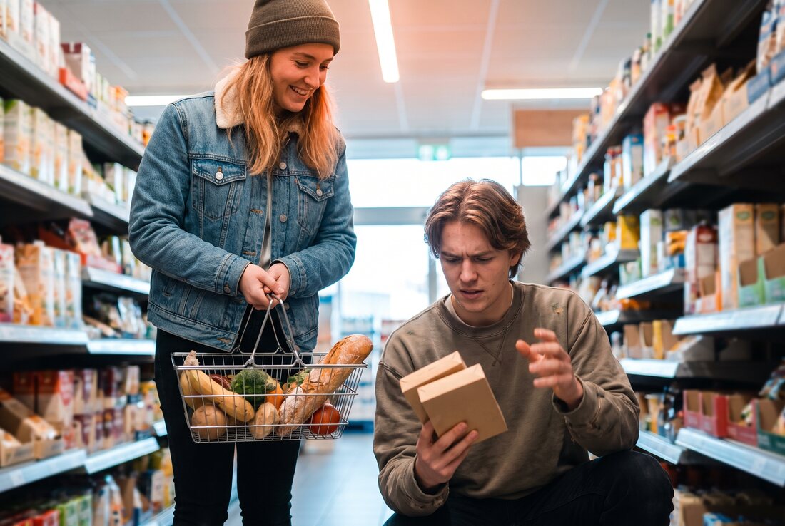 Two students in a supermarket aisle, one holding a basket of groceries while the other crouches reading a packet