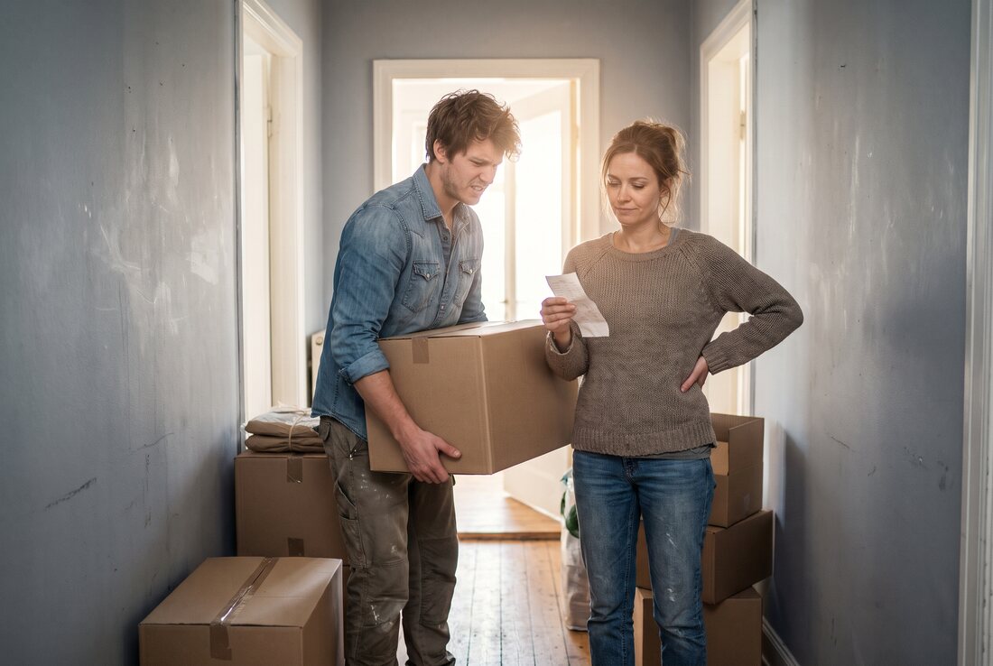 A couple pausing in the hallway of an empty flat on moving day, surrounded by stacked cardboard boxes, one of them looking at a paper receipt