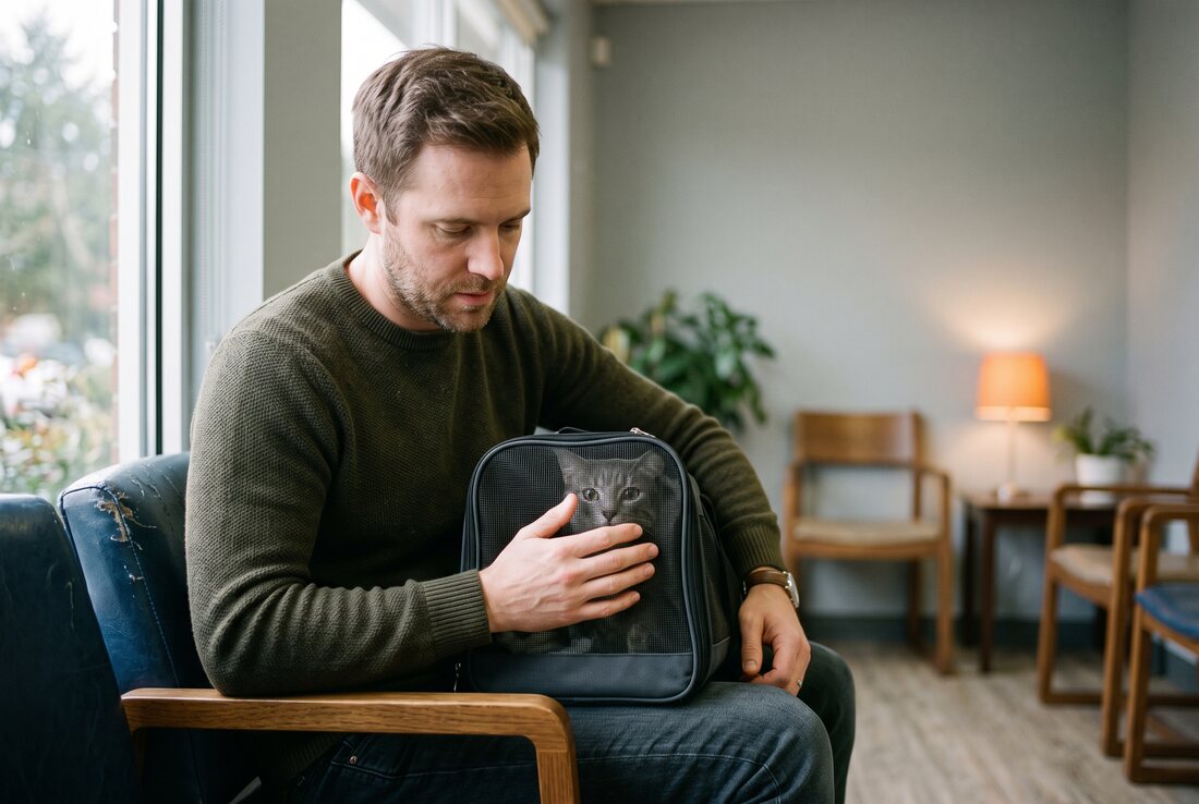 A man sitting in a quiet veterinary waiting room with a grey cat in a soft carrier resting on his lap, one hand against the mesh