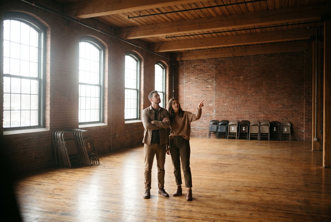 A couple standing in the middle of a large empty brick-walled event hall during a daytime venue viewing, looking up at the space with light coming through tall arched windows