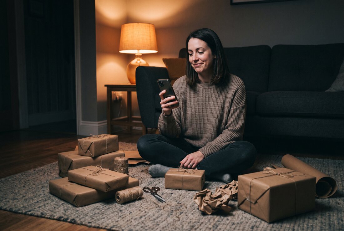 A woman sitting on a living room floor surrounded by half-wrapped parcels and rolls of paper, checking her phone in warm lamplight