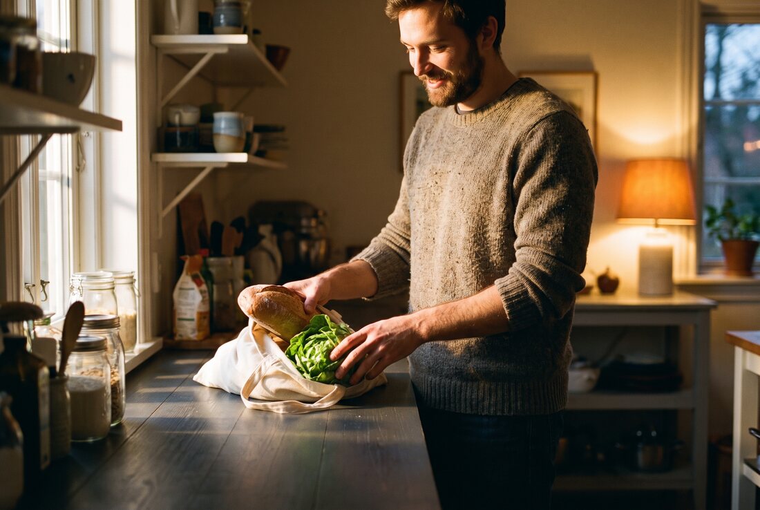 A man unpacking grocery bags onto a kitchen counter in the evening