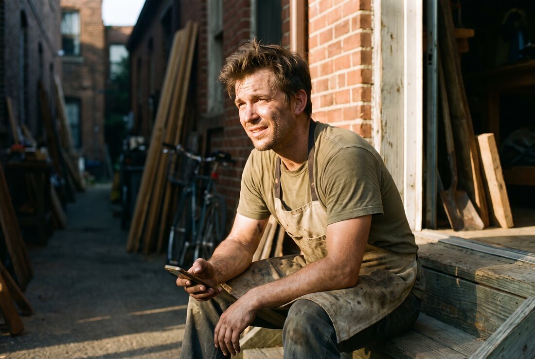 A tradesperson sitting on the back step of a workshop at the end of the day, phone in hand, taking a moment before heading home.