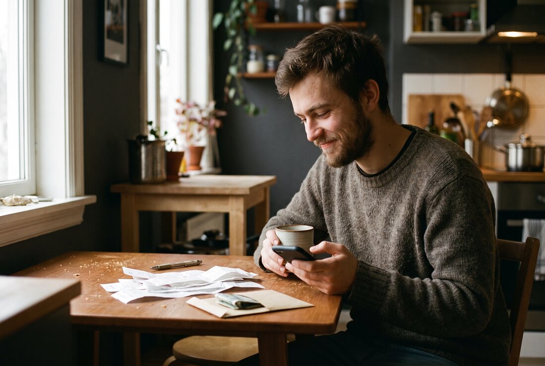 A man at a kitchen table with coffee, receipts and cash, reviewing his week