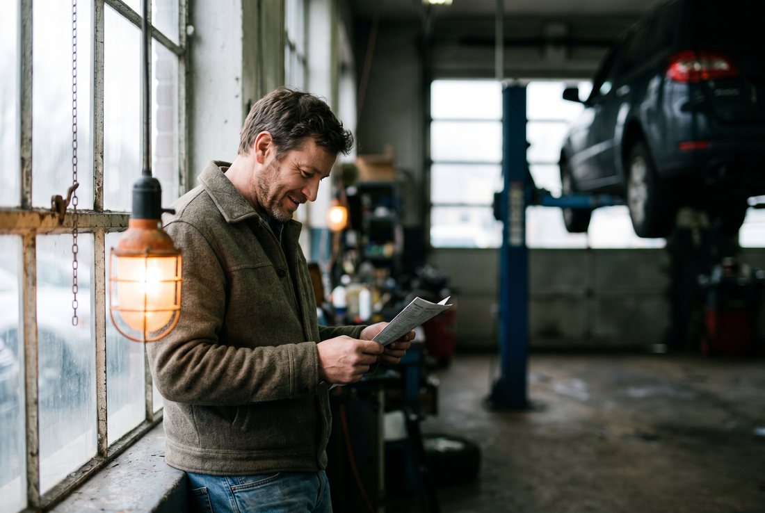 A man leaning against a window in a car repair garage, reading a folded paper invoice while a car sits on the lift behind him