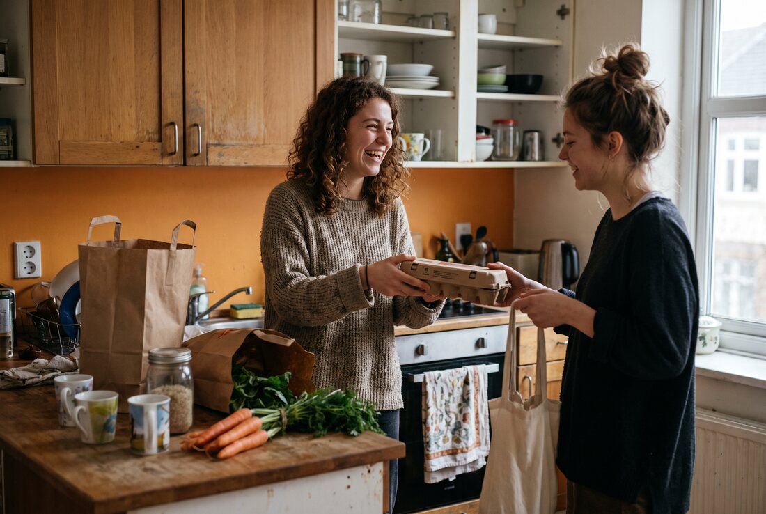 Two housemates unpacking a shared grocery shop together onto a cluttered kitchen counter