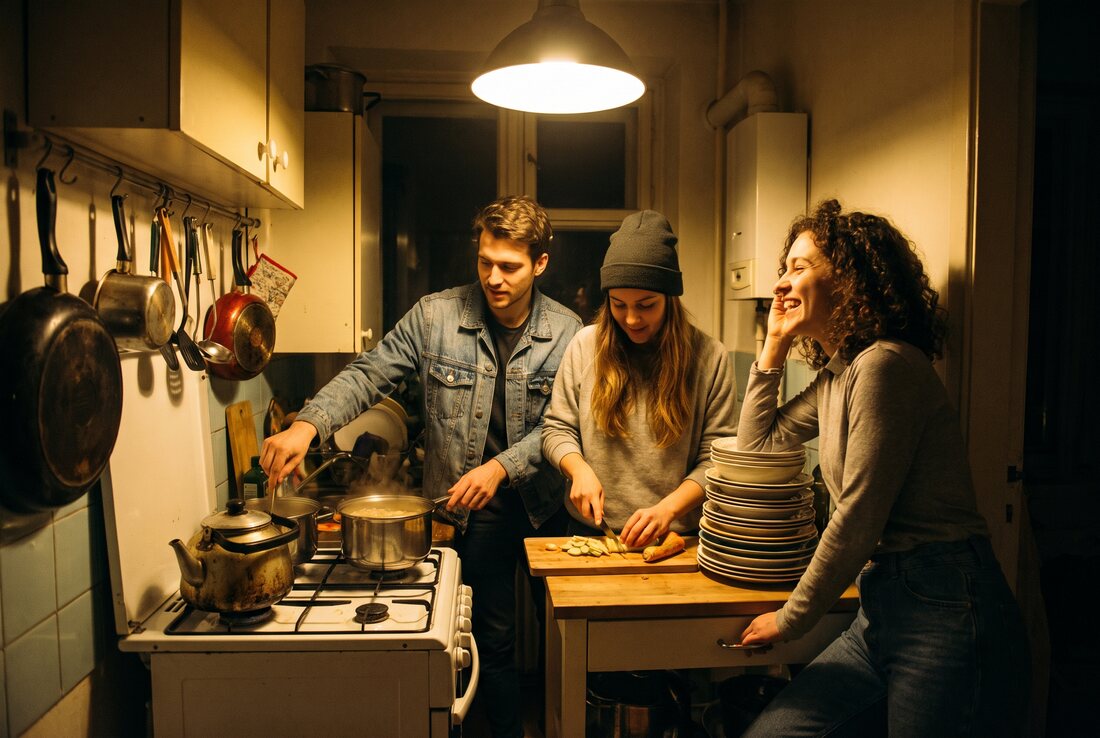 Three housemates cooking together in a small shared kitchen in the evening, one chopping, one at the stove, one laughing against the counter.