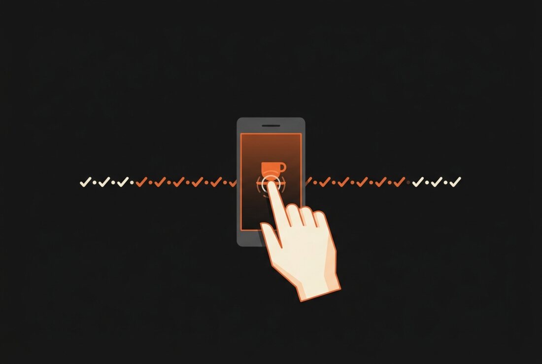A hand tapping a phone to log a small purchase, with a streak of marks showing days kept up in a row.