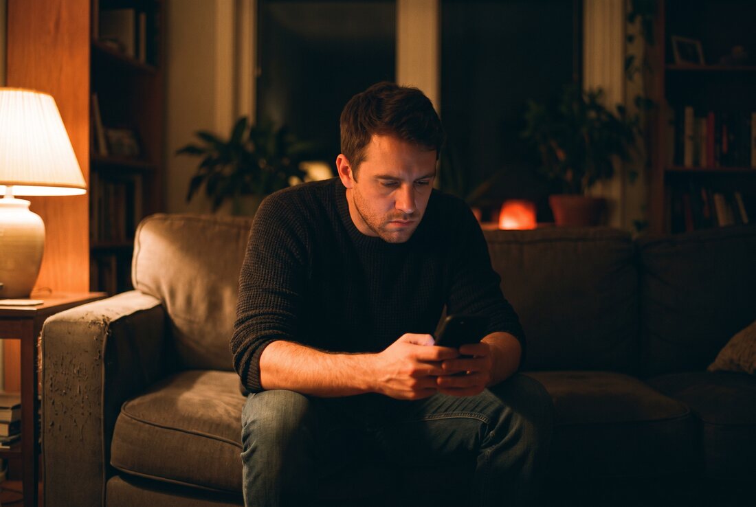 A man sitting on the edge of a sofa in a dim living room at night, looking at his phone and trying to recall the day