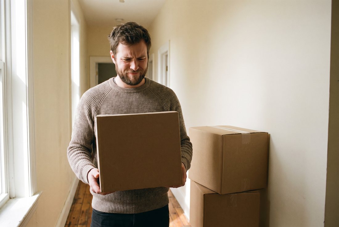 A man in a hallway holding an unopened cardboard parcel, with two more boxes stacked behind him