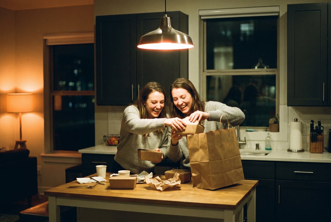 Two friends unpacking a shared food delivery order at a kitchen counter at night