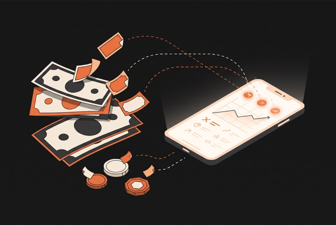 A few banknotes and coins beside a phone, with small tags peeling off each note as it is spent and logged.