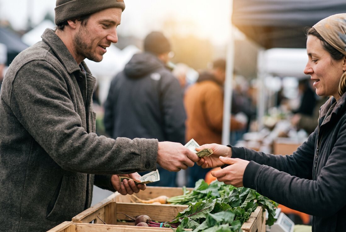 A man paying cash at an outdoor market stall, mid-transaction with the vendor