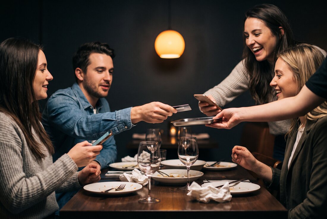 Four friends around a restaurant table at the end of a meal, one of them holding a card over the bill while the others reach for their phones