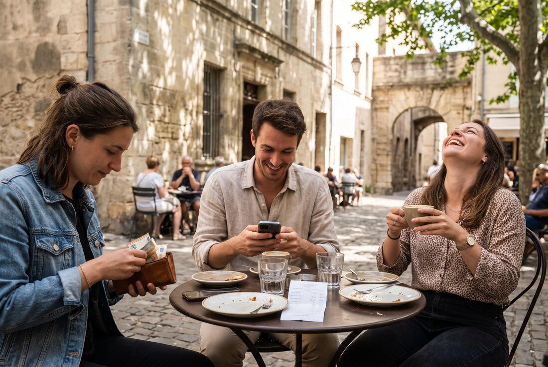 Three friends settling the bill at an outdoor cafe table after a meal