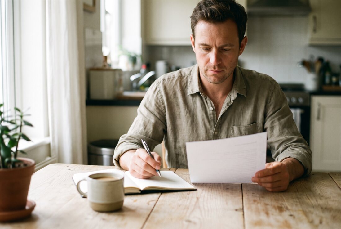 A person at a kitchen table going through a paper statement with a coffee and a notebook.