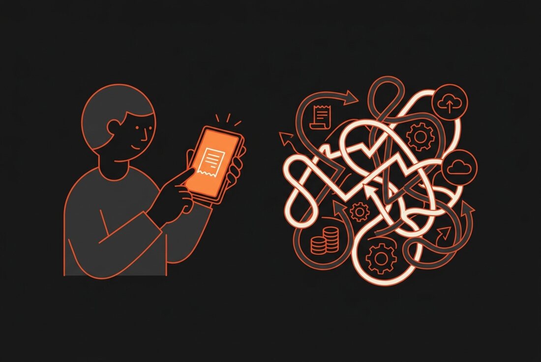 A person logging one expense by hand next to a tangle of automatic bank-sync feeds.
