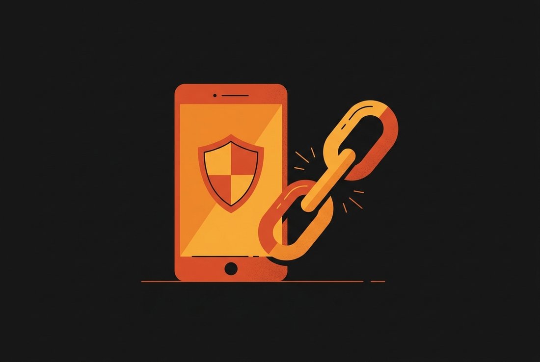 A phone with a shield and a broken chain, showing budgeting without a bank connection.