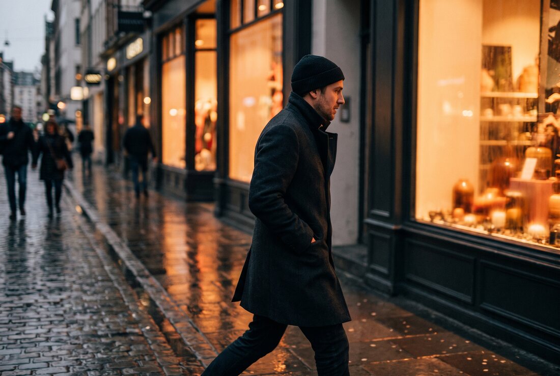 A man walking past lit shop windows on a wet evening street without going in