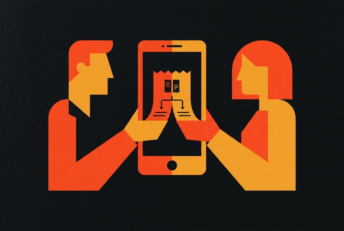 Two people splitting a bill with a phone between them.