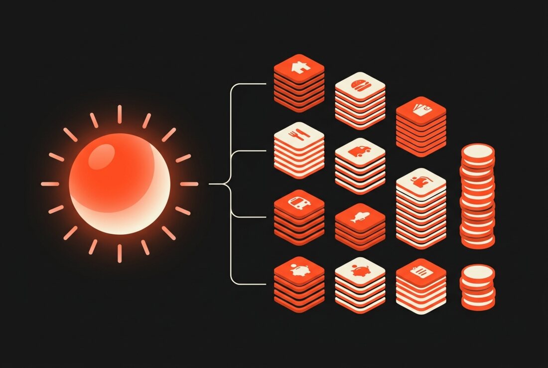 A simple glowing assistant orb sorting expense tiles into neat categories.