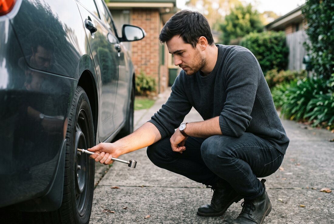 A man crouched beside the front wheel of his car on a driveway in the morning, checking the tyre pressure with a handheld gauge