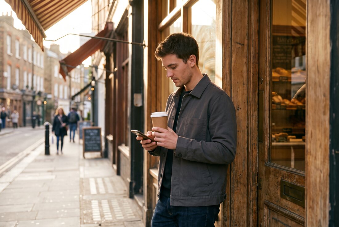 A man outside a bakery glancing at his phone just after paying for coffee