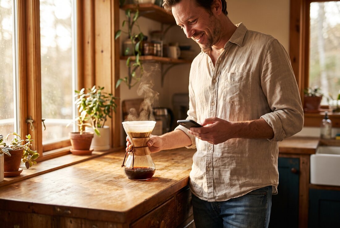A person glancing at their phone while making coffee in a sunlit kitchen.